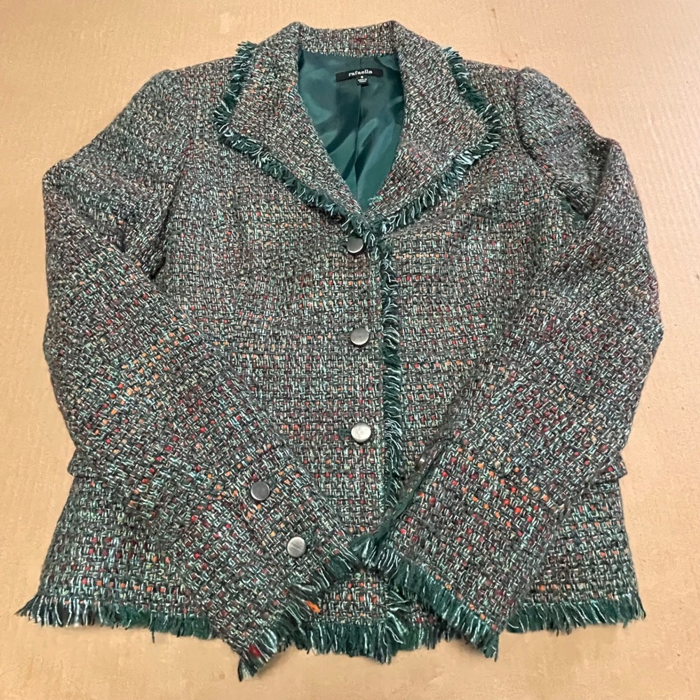 Rafaella Boucle Tweed Blazer Jacket Teal Fringe Eyelash Trim Lined Size 8 Wool